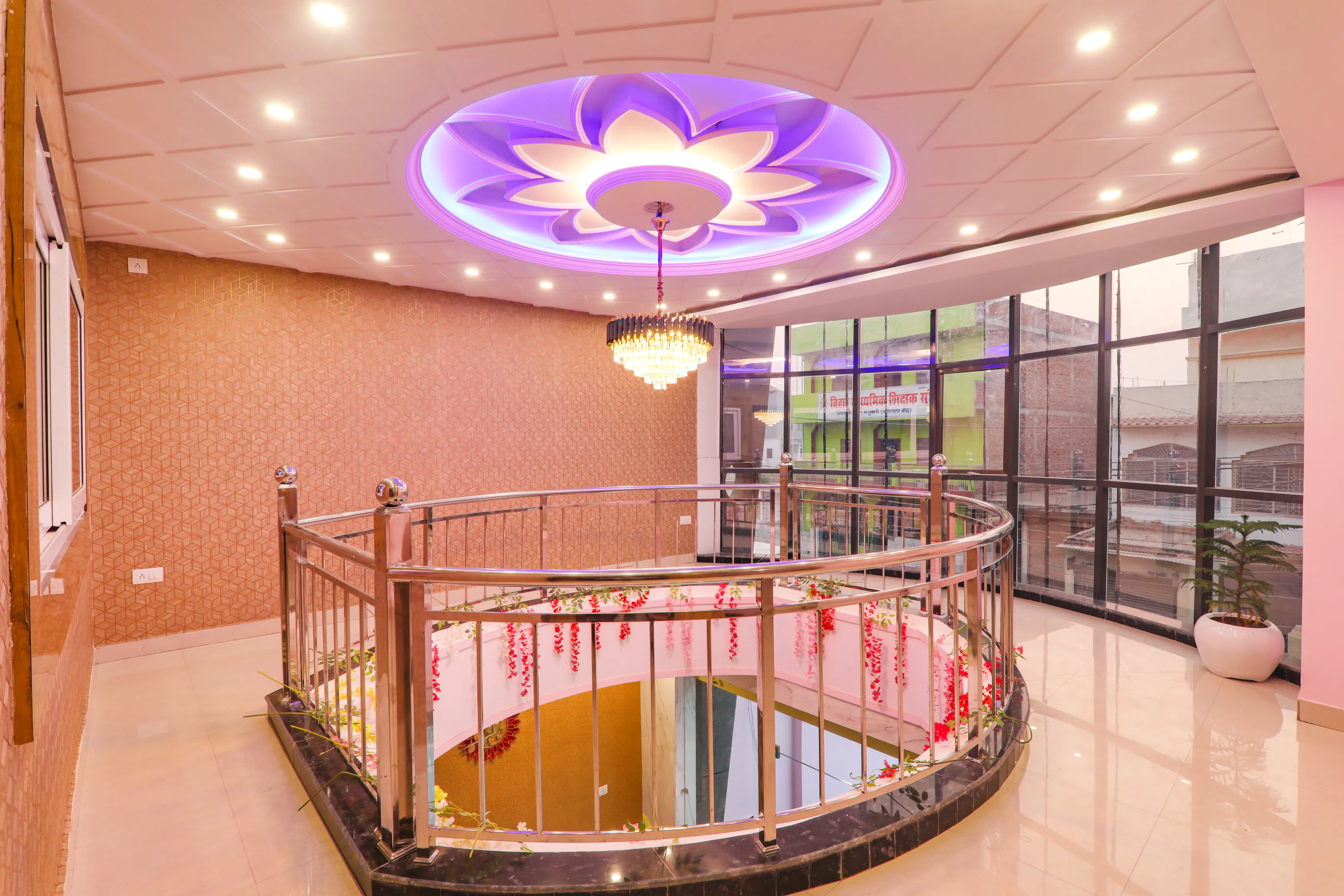 Circular staircase landing decorated for an event