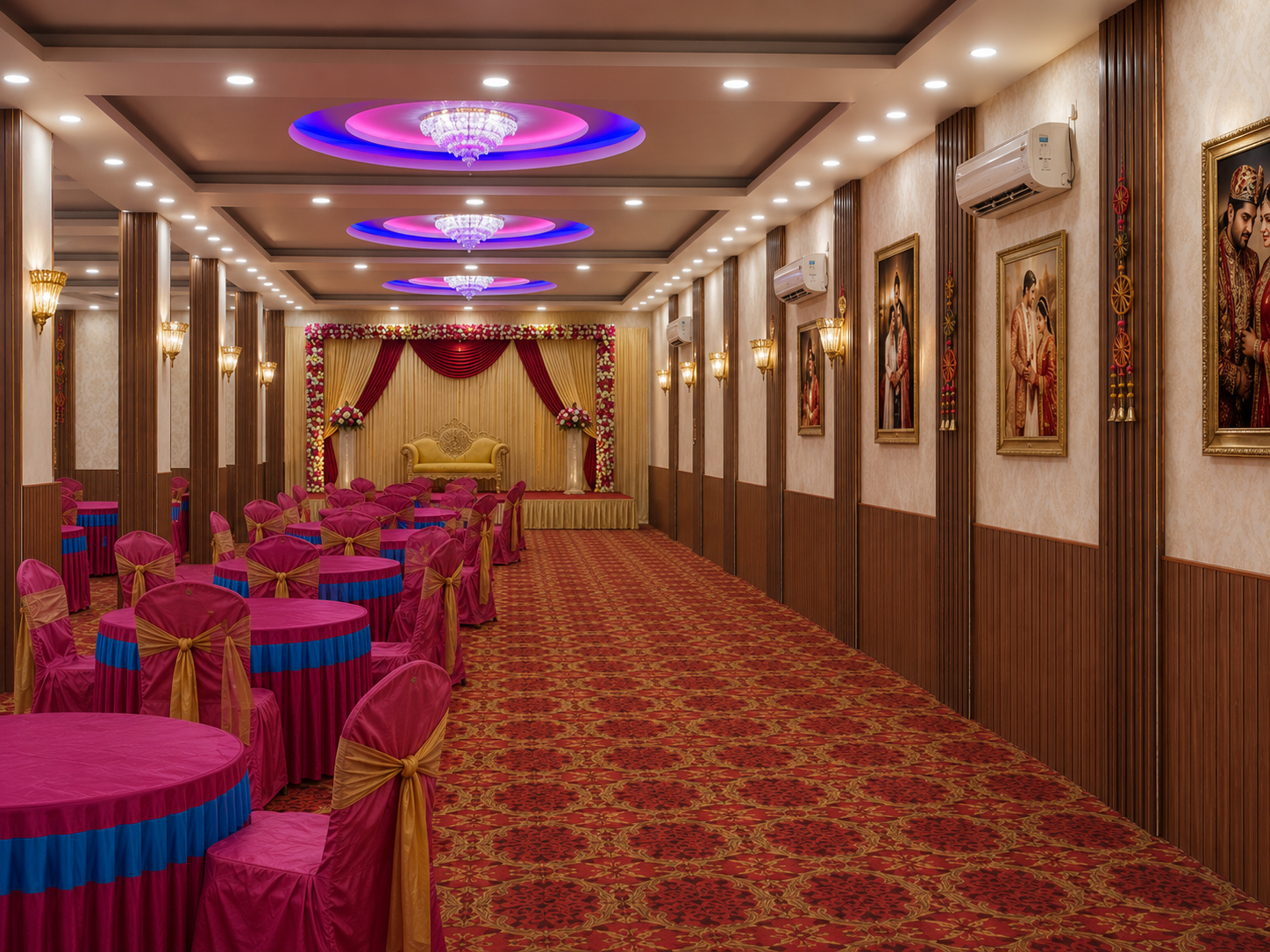 Grand banquet hall set for a reception at Hotel Nikunj