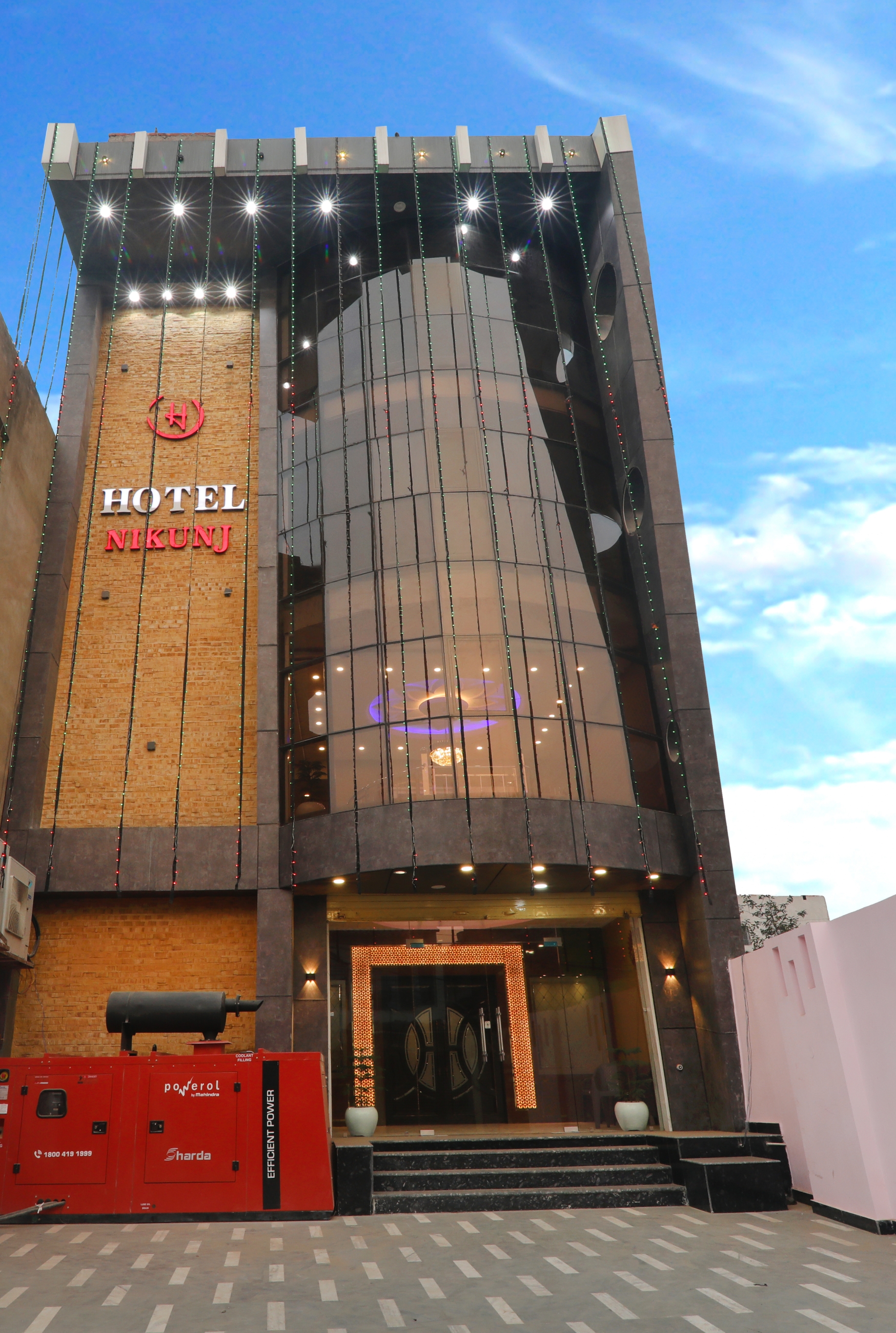 Hotel Nikunj facade at night, Tilak Chowk, Madhubani