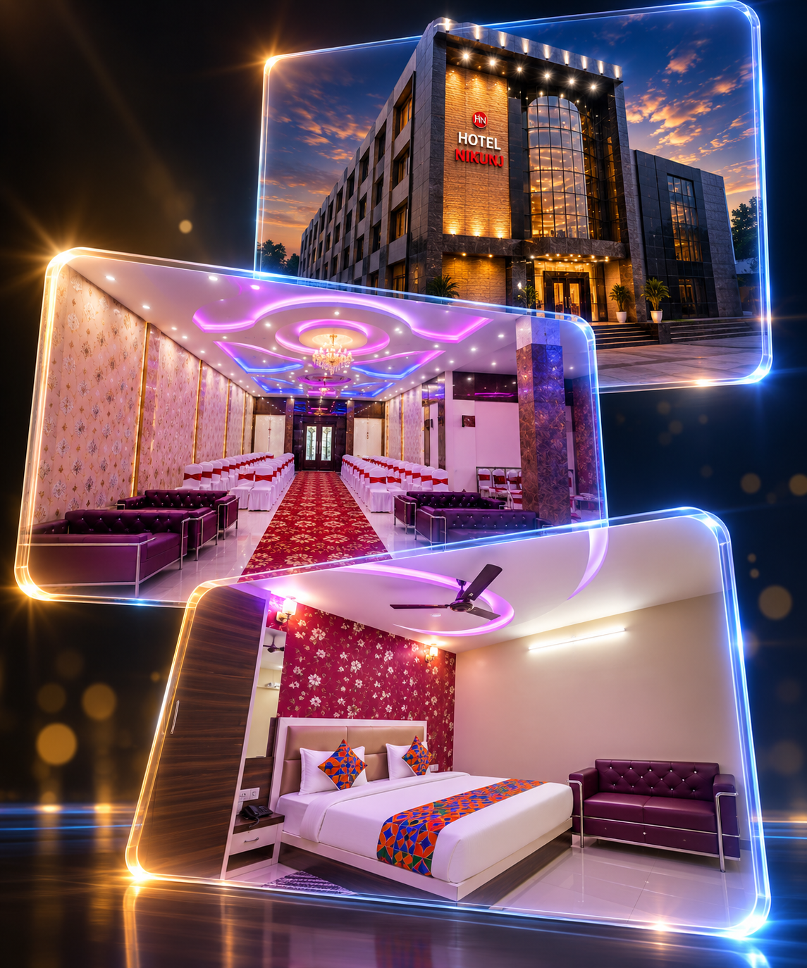 Hotel Nikunj — exterior, banquet hall and luxury room showcase